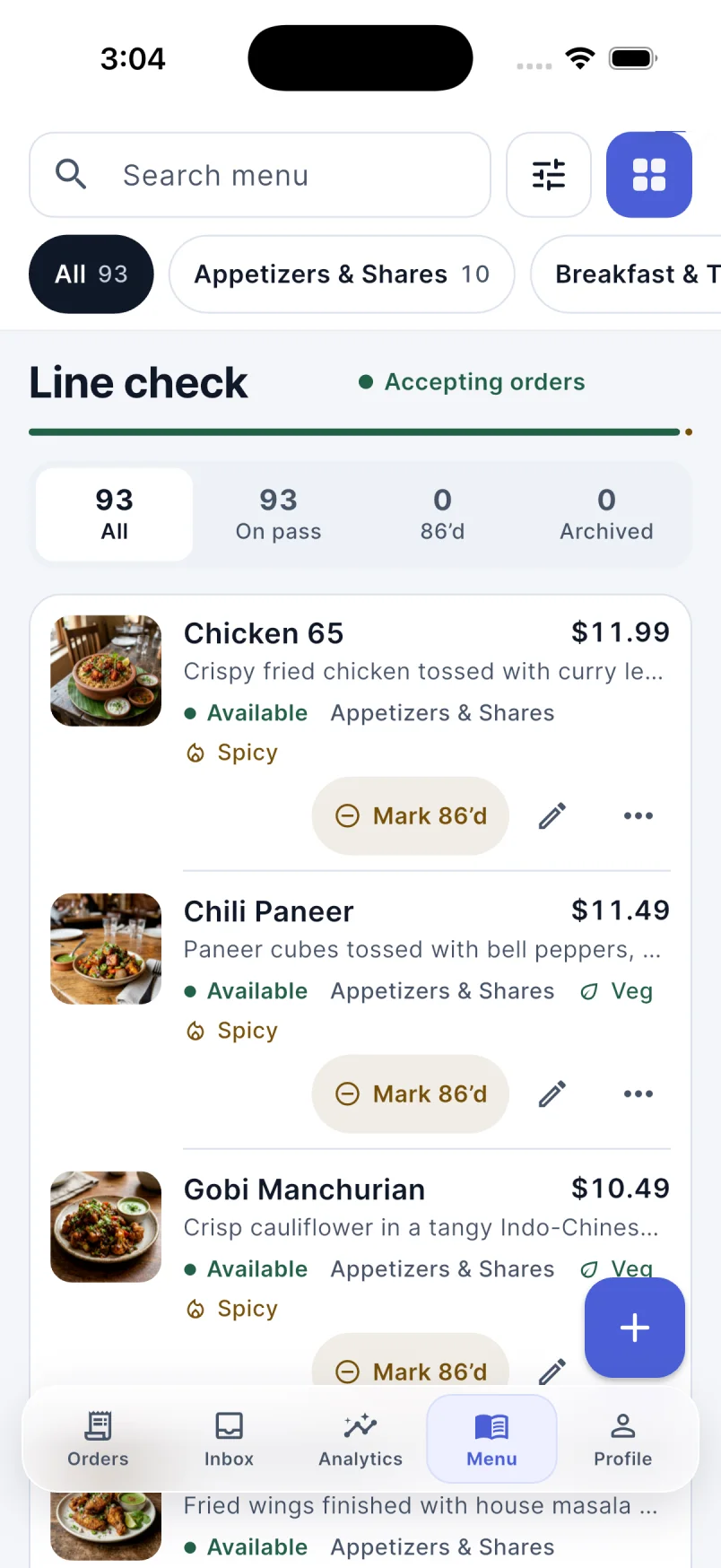 RestCall BackOffice menu list with dish photos, prices and availability