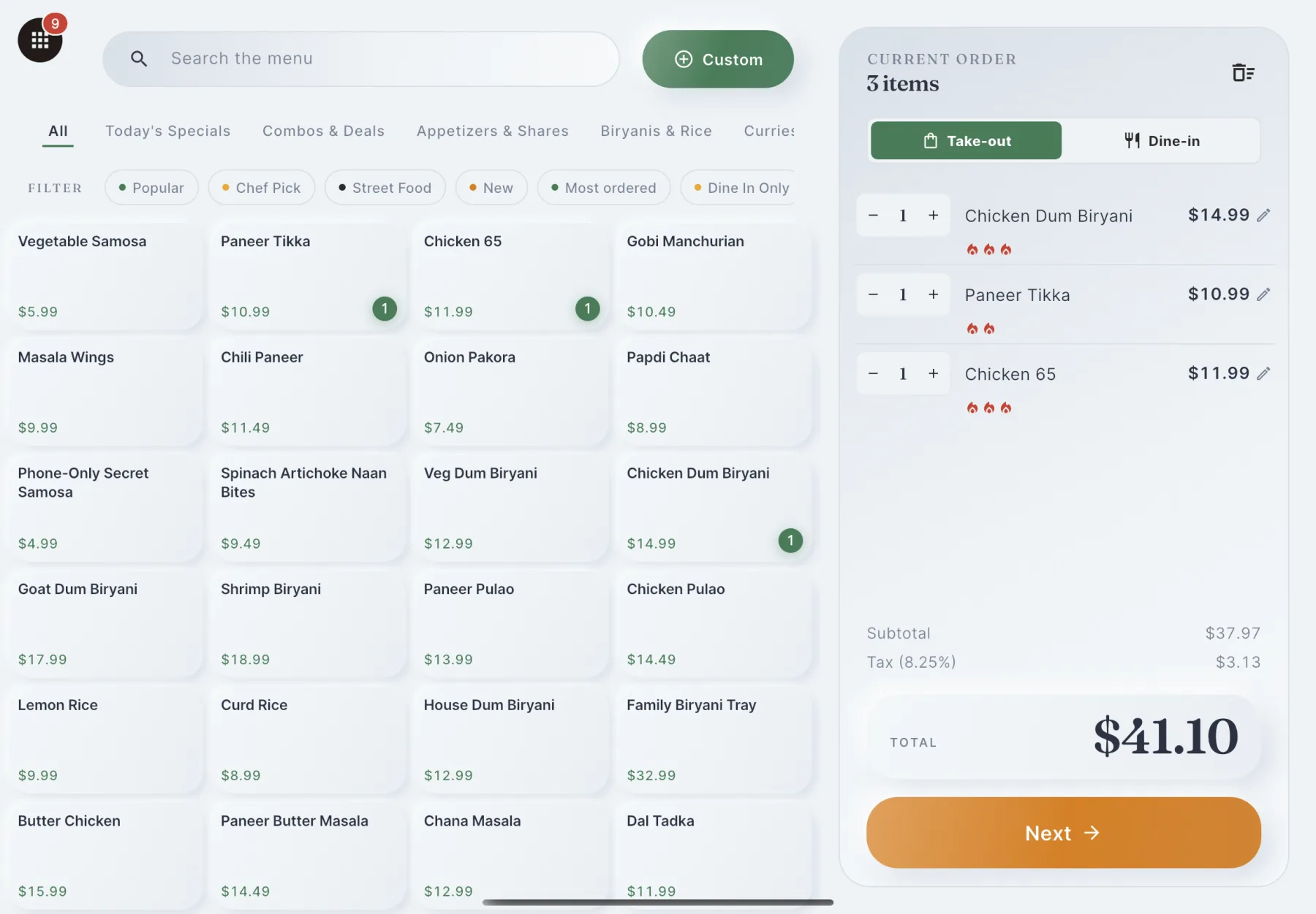 RestCall POS register with a menu grid and a three-item take-out order
