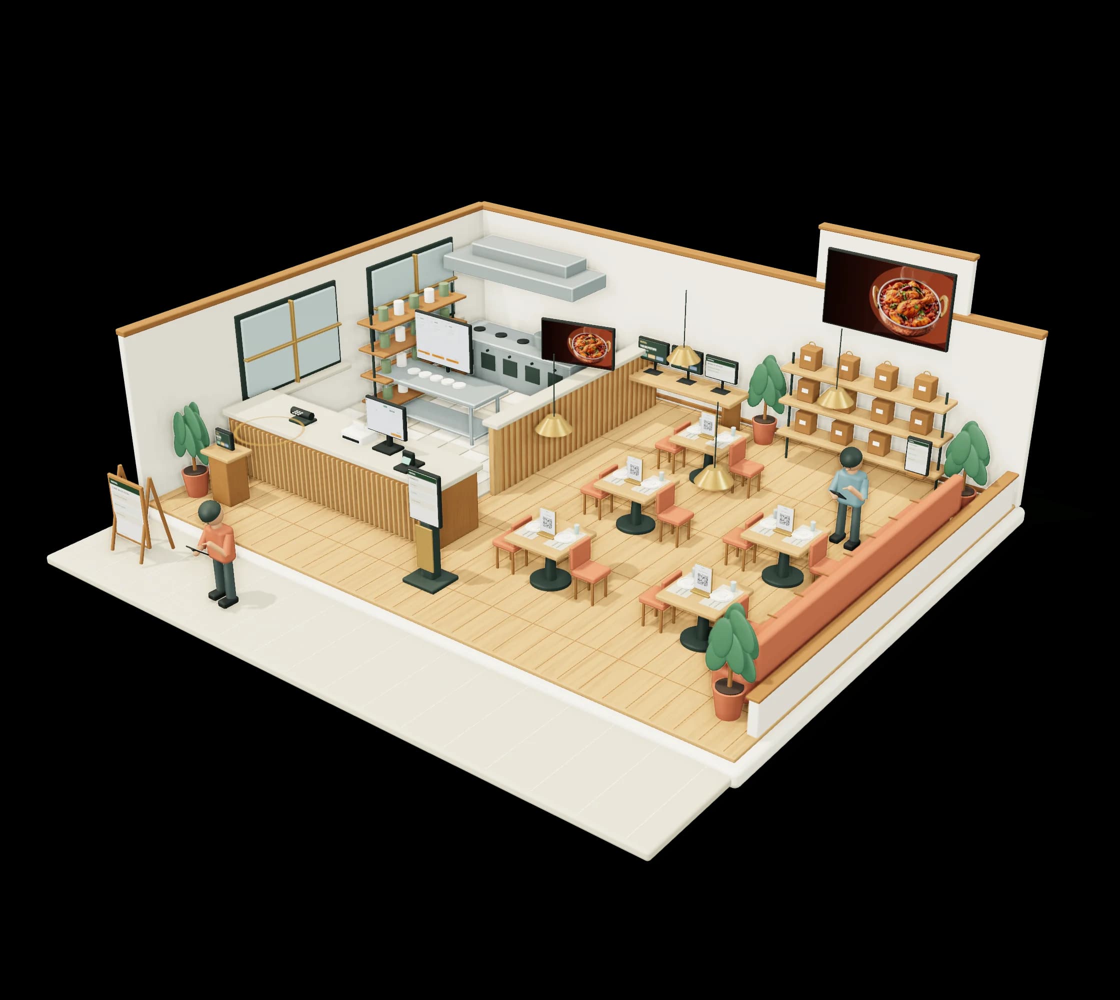 Restaurant cutaway showing the counter, kitchen, tables, and pickup area